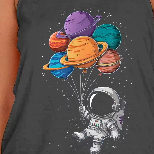 Astronaut Holding Planet Balloons Floating In Space Women's Knotted Racerback Tank