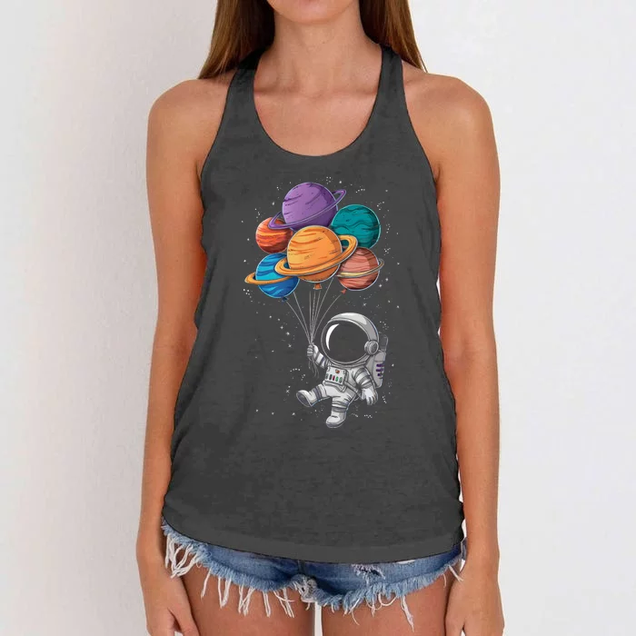 Astronaut Holding Planet Balloons Floating In Space Women's Knotted Racerback Tank