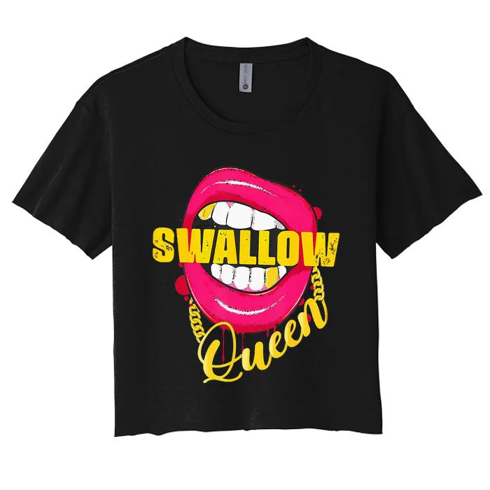 Adult Humor Swallow Queen Lips Golden Necklace Naughty Queen Women's Crop Top Tee