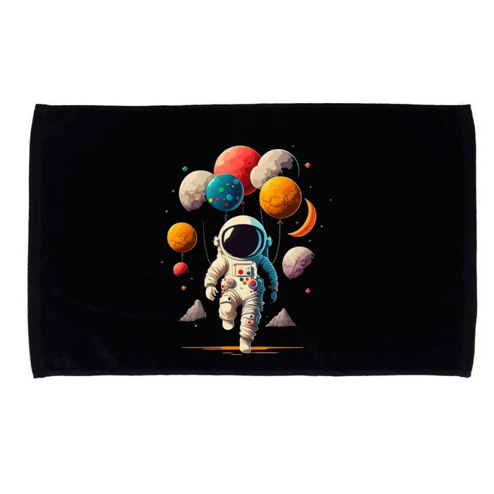 Astronaut Holding Solar System Planets Balloons in Space Microfiber Hand Towel