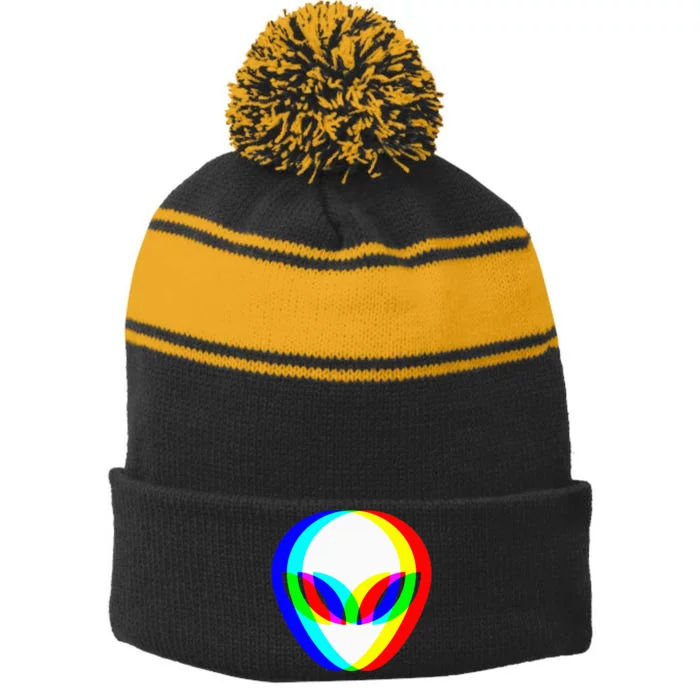 Alien Head Trippy Vaporwave Techno Rave Edm Stripe Pom Pom Beanie