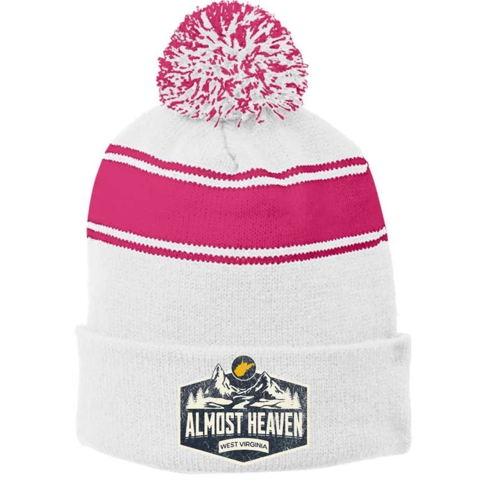 Almost Heaven West Virginia Map Home Stripe Pom Pom Beanie