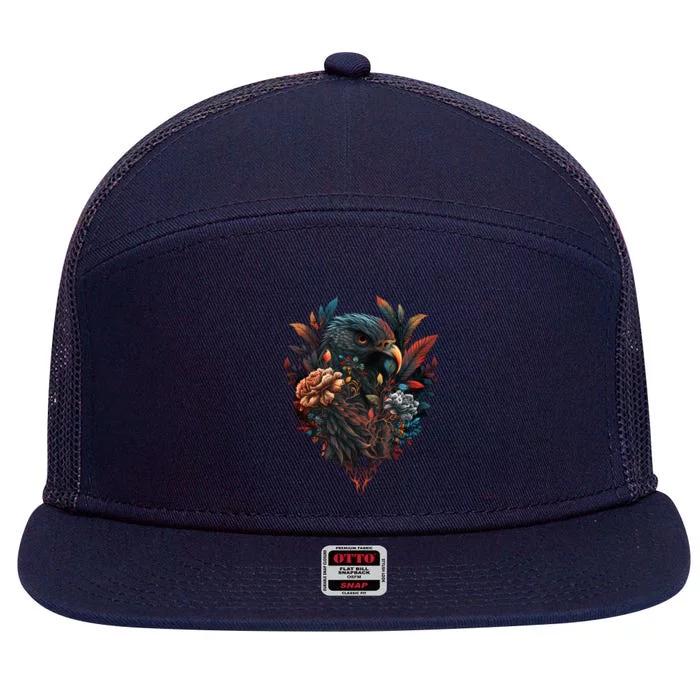 Autumn Hawk With Flowers Tattoo Love Design Gift 7 Panel Mesh Trucker Snapback Hat