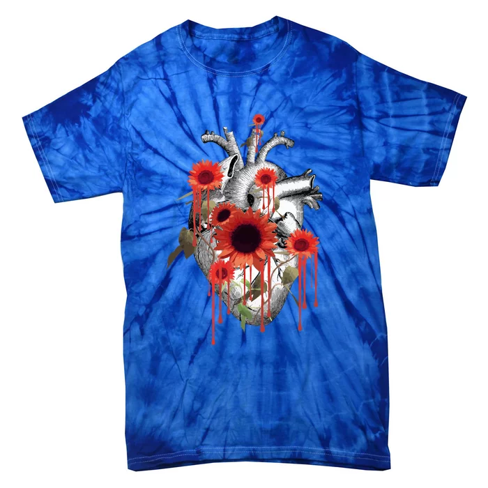 Anatomical Heart With Blood Sunflowers Botany Body Anatomy Gift Tie-Dye T-Shirt