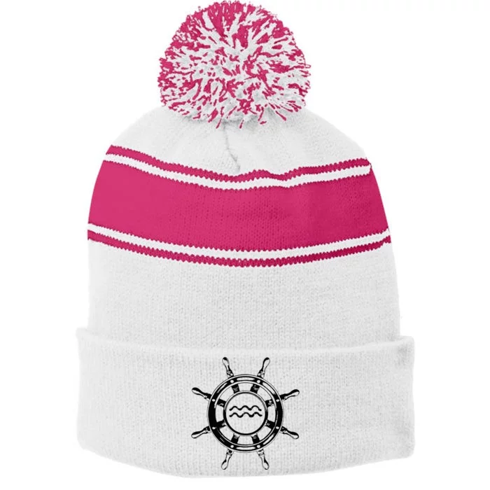 Astrology Horoscope Zodiac Sign Aquarius Pirate Ship Wheel Stripe Pom Pom Beanie