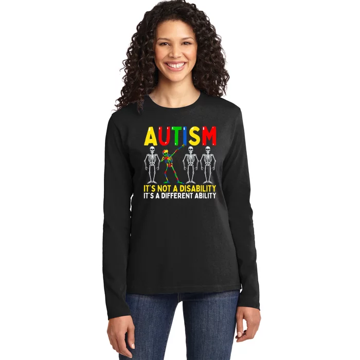 Autism It's A Different Ability Funny Dabbing Skeleton Ladies Long Sleeve Shirt