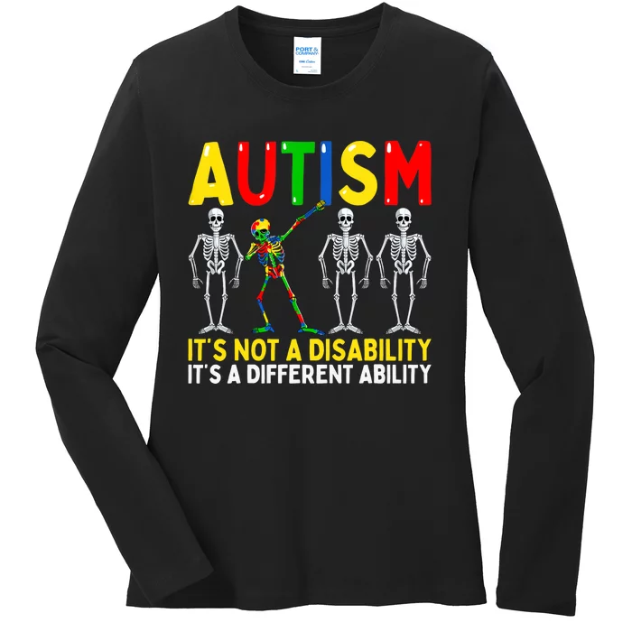 Autism It's A Different Ability Funny Dabbing Skeleton Ladies Long Sleeve Shirt