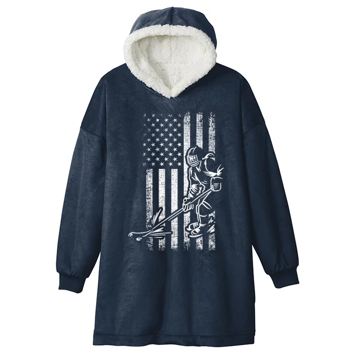 American Ice Hockey Player Grunge Usa Vintage Flag Gift Hooded Wearable Blanket