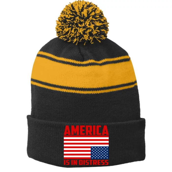 America Is In Distress Upside Down Flag Stripe Pom Pom Beanie