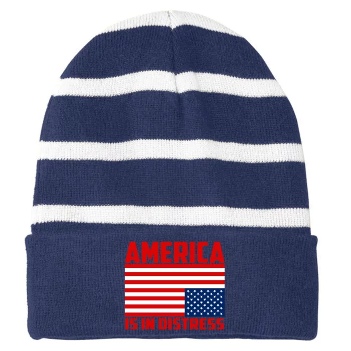 America Is In Distress Upside Down Flag Striped Beanie with Solid Band