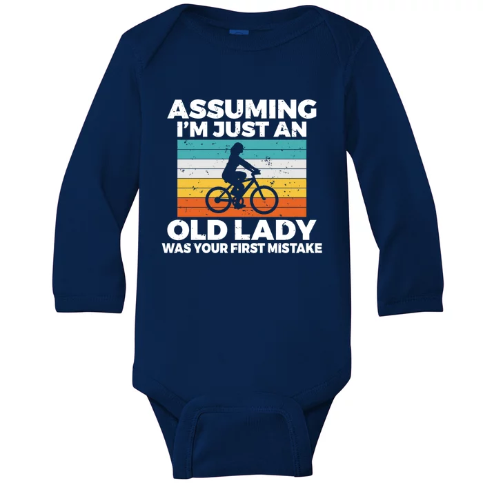 Assuming Im Just An Old Lady Was Your First Mistake Biking Funny Gift Baby Long Sleeve Bodysuit