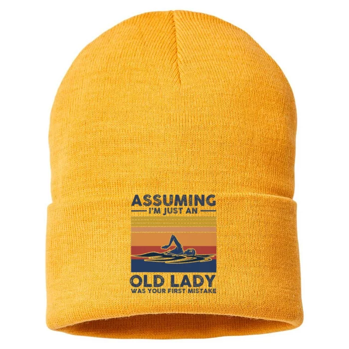 Assuming Im Just An Old Lady Swimming Lover Vintage Retro Sustainable Knit Beanie