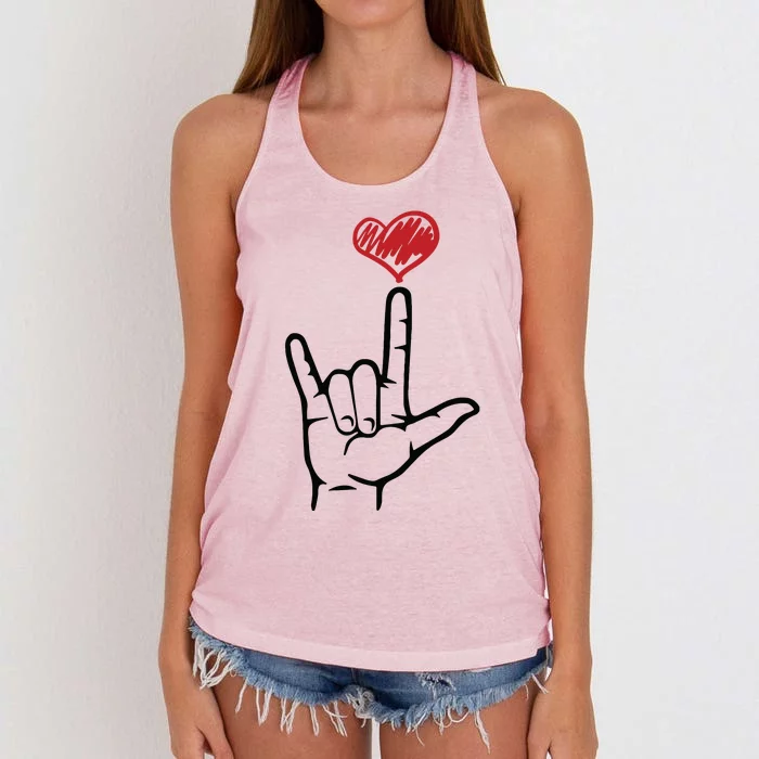 ASL I Love You Hand Heart Sign Language Women's Knotted Racerback Tank