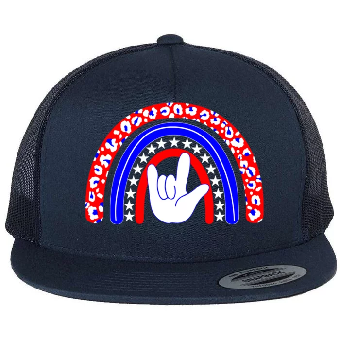 Asl I Love You Leopard Rainbow Sign Language 4Th Of July Cool Gift Flat Bill Trucker Hat