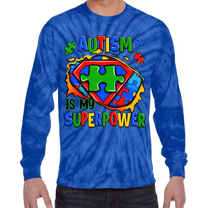 Autism Is My Super Power Superhero Autism Awareness Cute Gift Tie-Dye Long Sleeve Shirt