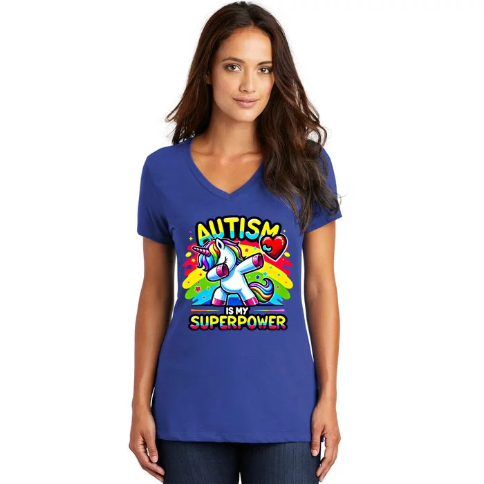 Autism Is My Superpower Dabbing Unicorn Autism Awareness Gift Women's V-Neck T-Shirt