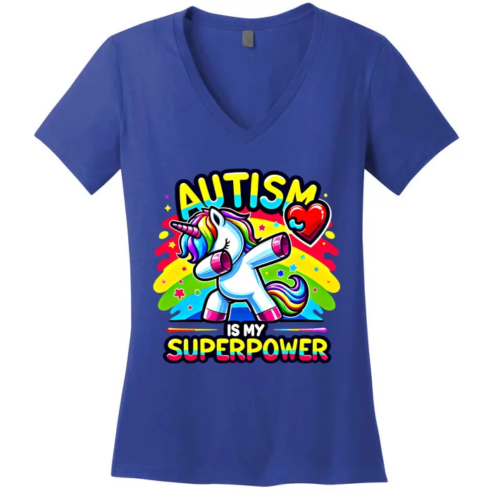 Autism Is My Superpower Dabbing Unicorn Autism Awareness Gift Women's V-Neck T-Shirt