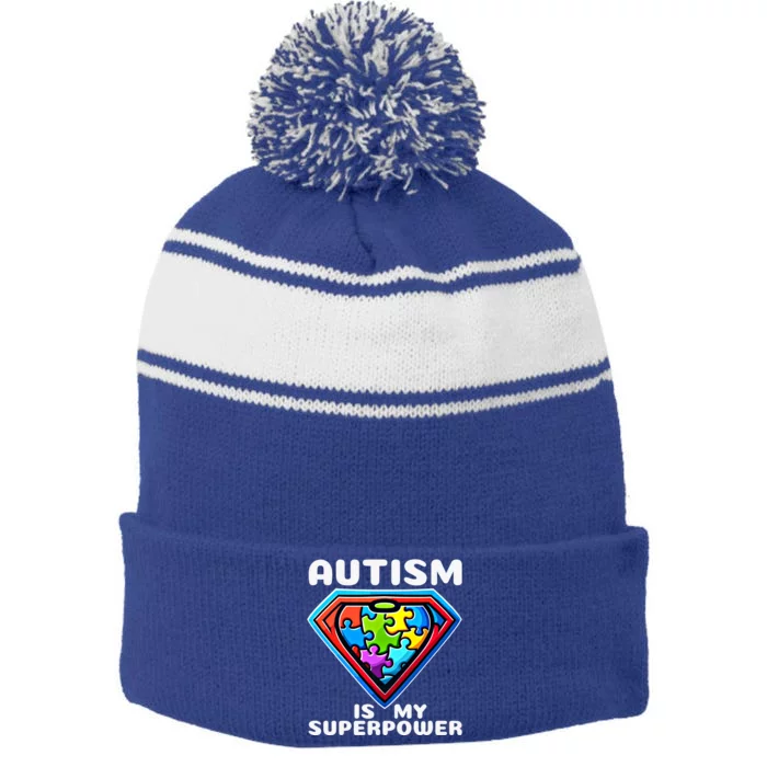 Autism Is My Superpower Superhero Cute Gift Stripe Pom Pom Beanie