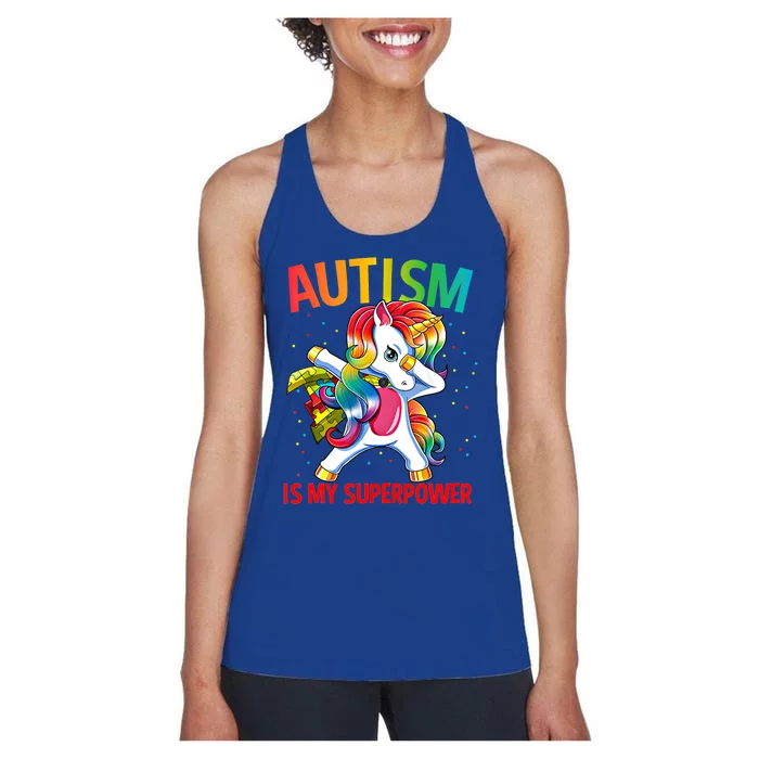 Autism Is My Superpower Dabbing Unicorn Gift Women's Racerback Tank