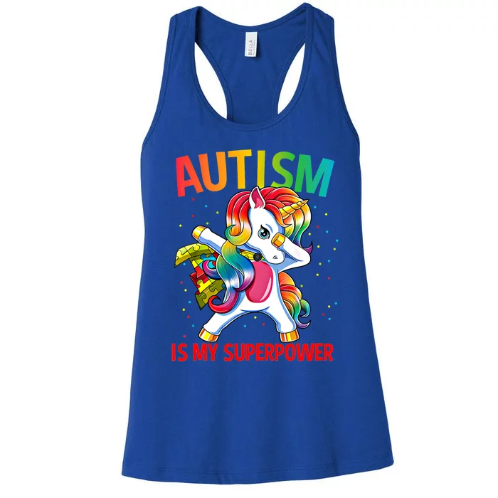 Autism Is My Superpower Dabbing Unicorn Gift Women's Racerback Tank