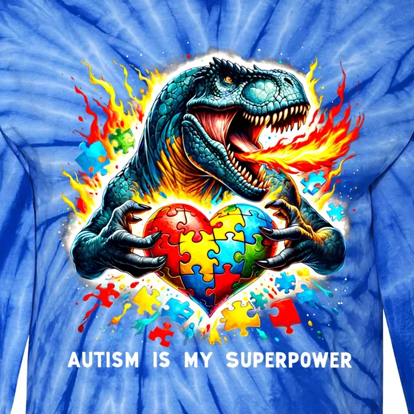 Autism Is My Superpower Puzzle Dinosaur Autism Awareness Gift Tie-Dye Long Sleeve Shirt