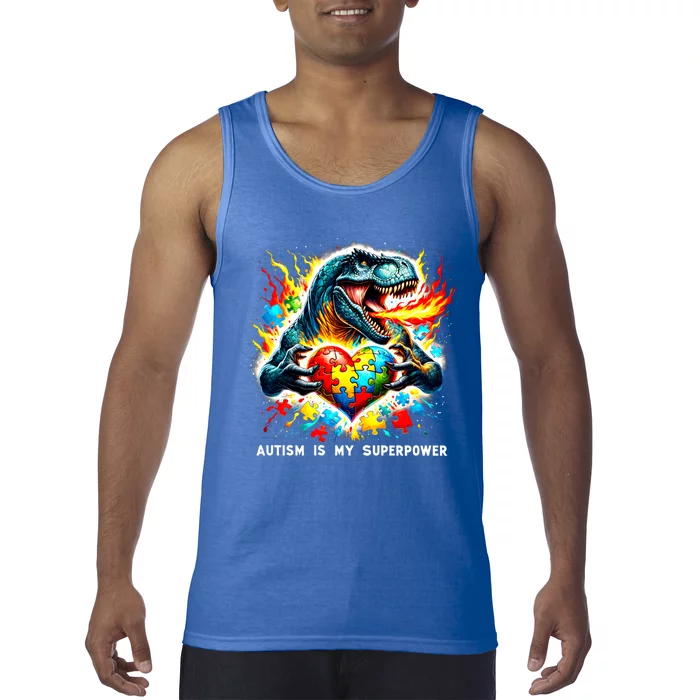 Autism Is My Superpower Puzzle Dinosaur Autism Awareness Gift Tank Top