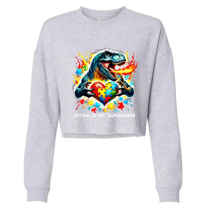 Autism Is My Superpower Puzzle Dinosaur Autism Awareness Gift Cropped Pullover Crew