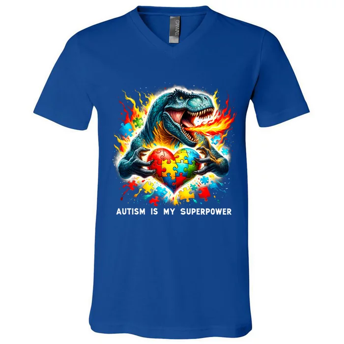 Autism Is My Superpower Puzzle Dinosaur Autism Awareness Great Gift V-Neck T-Shirt