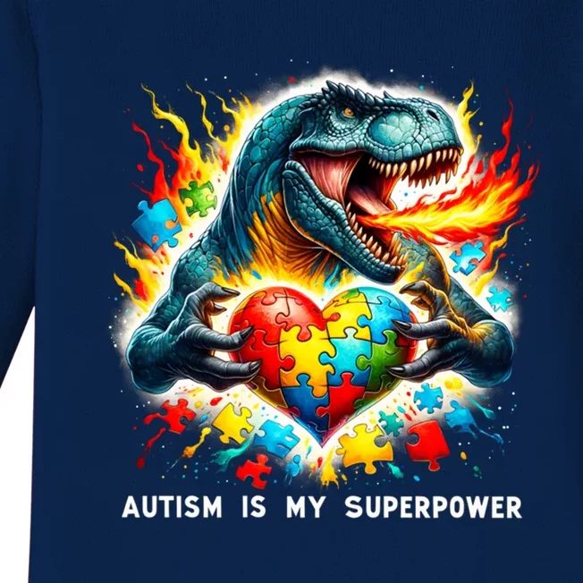 Autism Is My Superpower Puzzle Dinosaur Autism Awareness Great Gift Baby Long Sleeve Bodysuit