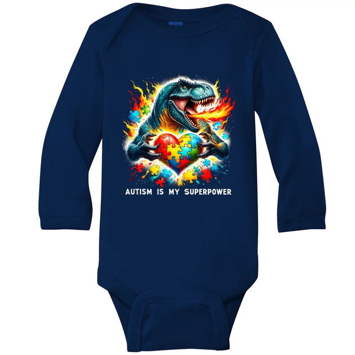 Autism Is My Superpower Puzzle Dinosaur Autism Awareness Great Gift Baby Long Sleeve Bodysuit