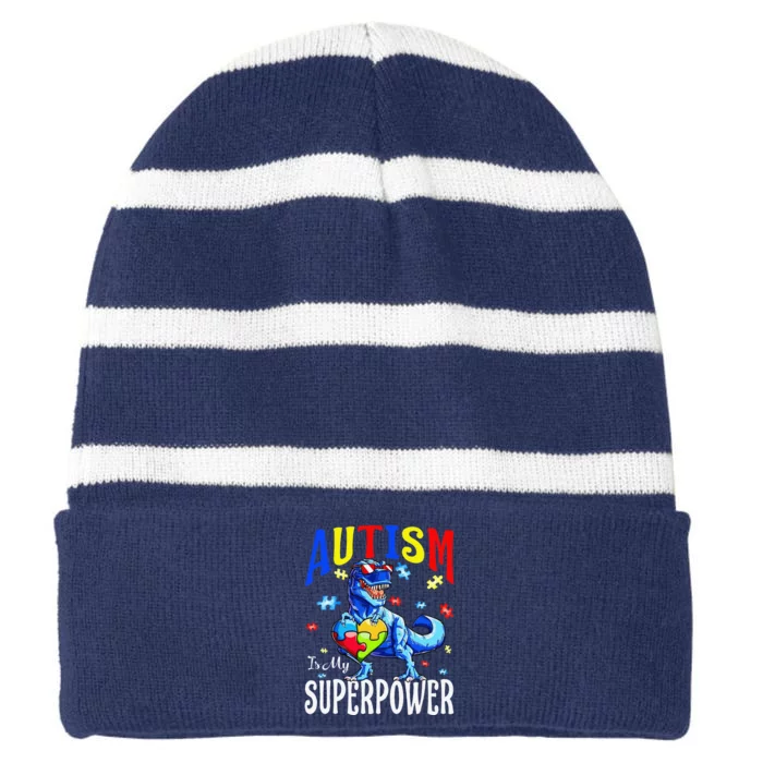 Autism Is My Superpower Autism Awareness Dinosaur Striped Beanie with Solid Band