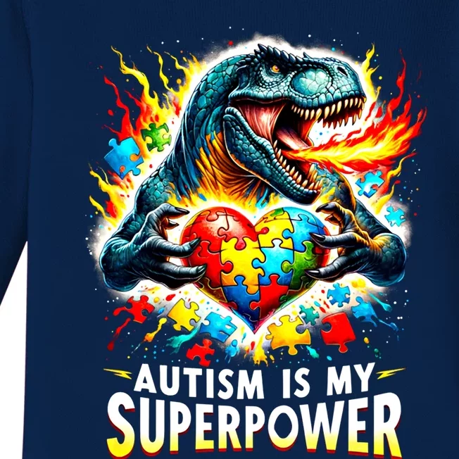 Autism Is My Superpower Puzzle Dinosaur T Rex Autism Month Gift Baby Long Sleeve Bodysuit