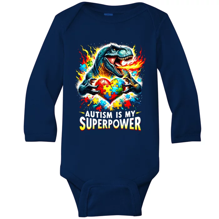 Autism Is My Superpower Puzzle Dinosaur T Rex Autism Month Gift Baby Long Sleeve Bodysuit