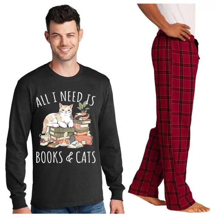 All I Need Is Books & Cats Women Reading Cat Lover Long Sleeve Pajama Set