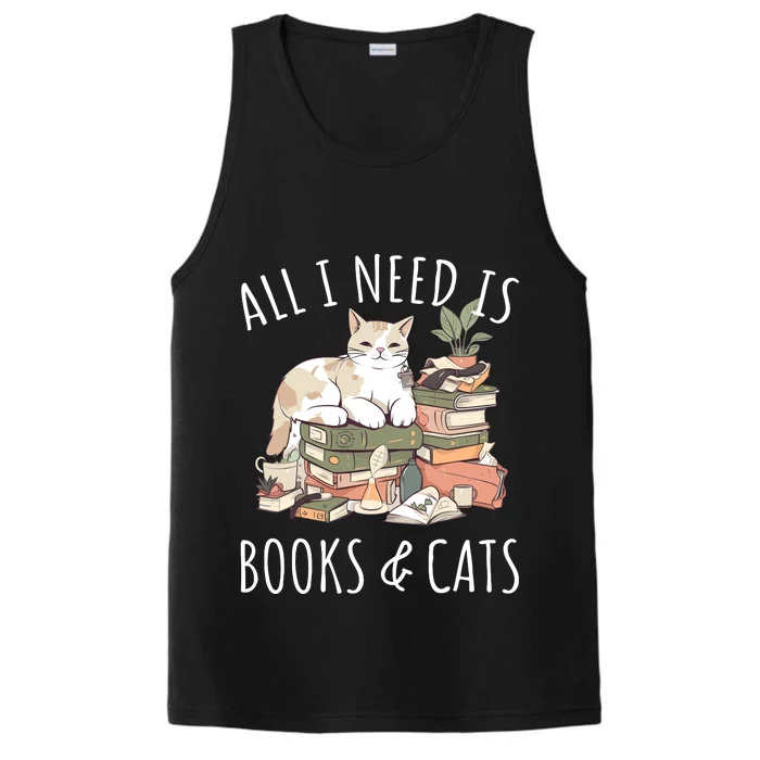 All I Need Is Books & Cats Women Reading Cat Lover Performance Tank