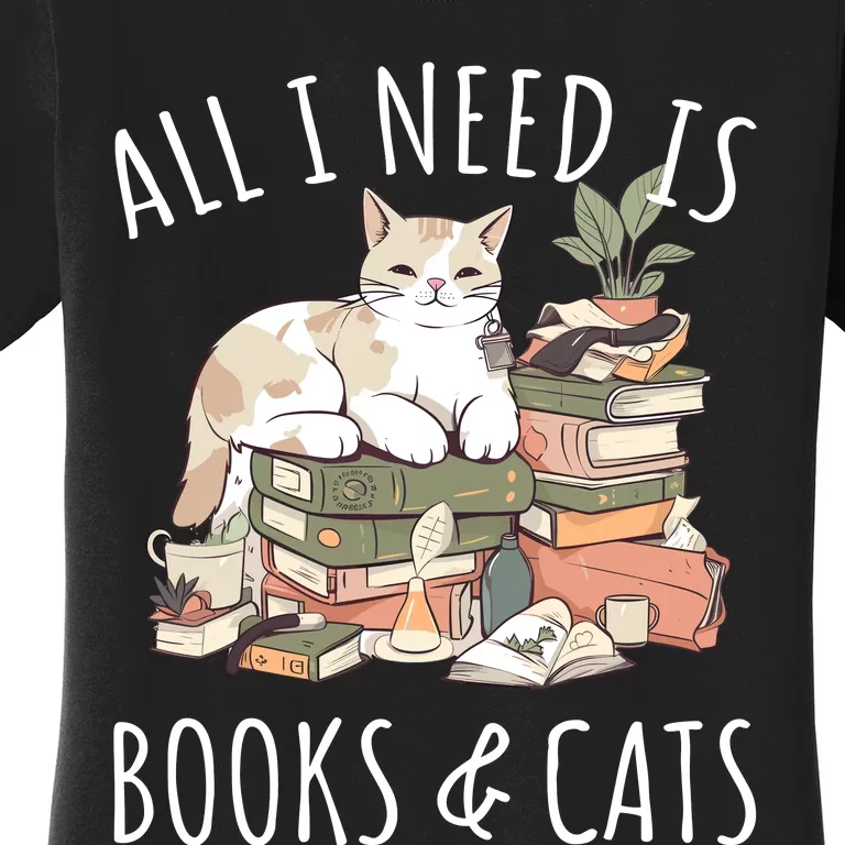 All I Need Is Books & Cats Women Reading Cat Lover Women's T-Shirt