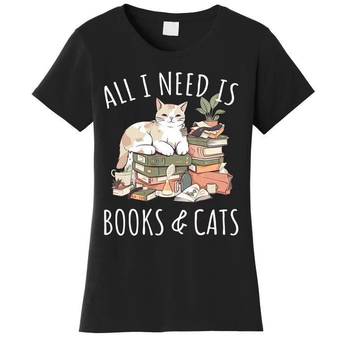 All I Need Is Books & Cats Women Reading Cat Lover Women's T-Shirt