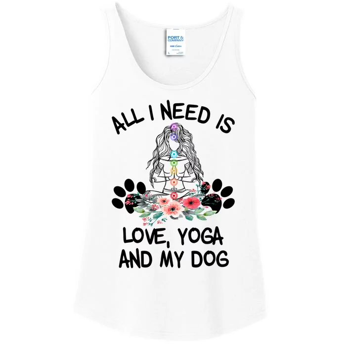 All I Need Is Love Yoga And My Dog Lover Chakra Meditation Gift Ladies Essential Tank