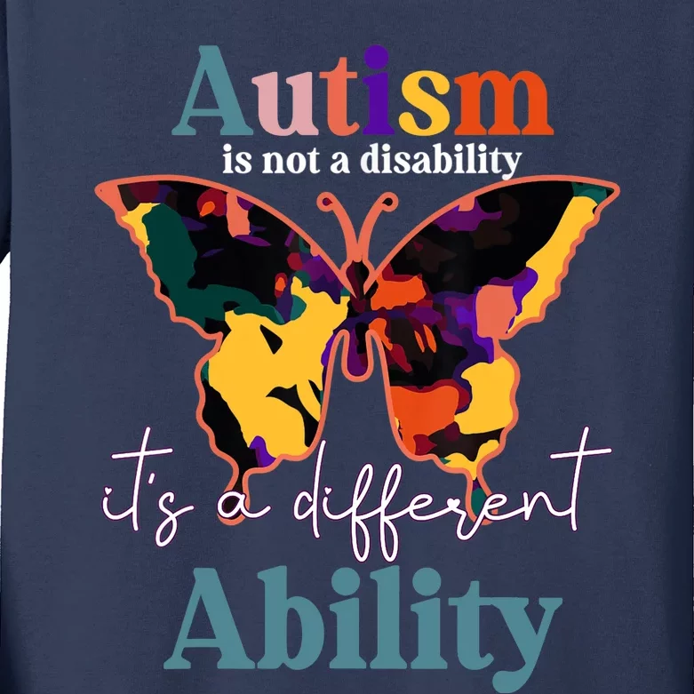 Autism is not a disability its a different ability butterfly Kids Long Sleeve Shirt