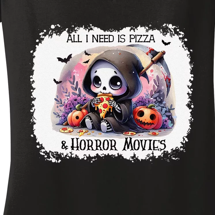 All I Need Is Pizza And Horror Movies Cute Skeleton Happy Women's V-Neck T-Shirt