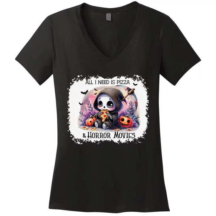 All I Need Is Pizza And Horror Movies Cute Skeleton Happy Women's V-Neck T-Shirt