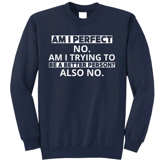 Am I Perfect No Am I Trying To Be A Better Person Also No Tall Sweatshirt