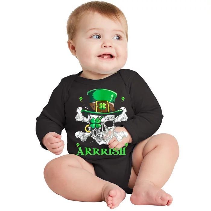 Arrrish Irish Shamrock Clover Skull St Patricks Day Baby Long Sleeve Bodysuit