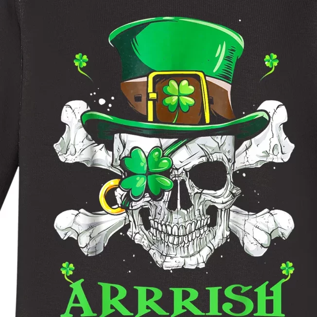 Arrrish Irish Shamrock Clover Skull St Patricks Day Baby Long Sleeve Bodysuit