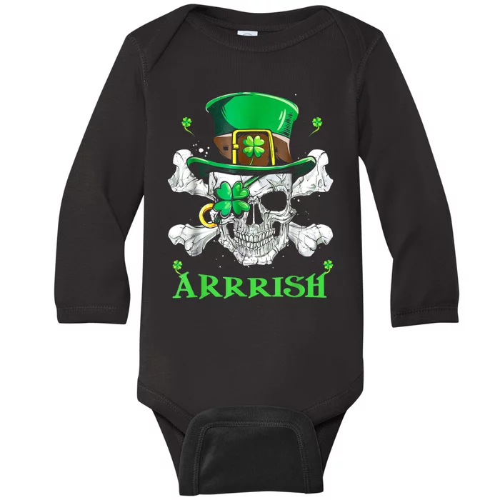 Arrrish Irish Shamrock Clover Skull St Patricks Day Baby Long Sleeve Bodysuit