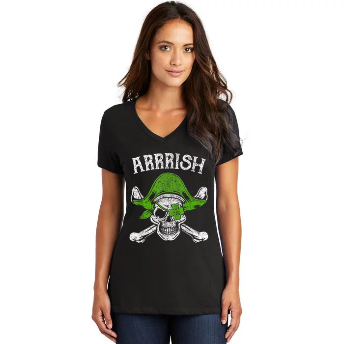 Arrrish Irish Shamrock Clover Skull St Patricks Day Women's V-Neck T-Shirt