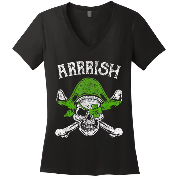 Arrrish Irish Shamrock Clover Skull St Patricks Day Women's V-Neck T-Shirt