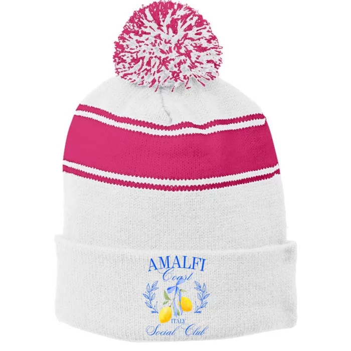 Amalficoast Iitaly Social Club Travel Trip Vacation Lemon Stripe Pom Pom Beanie