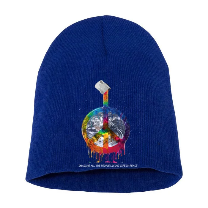 And I Think To Myself What A Wonderful World Peace Symbol Cool Gift Short Acrylic Beanie