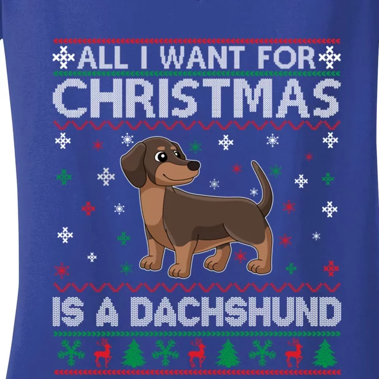 All I Want For Christmas Is A Dachshund Dog Ugly Xmas Funny Gift Women's V-Neck T-Shirt